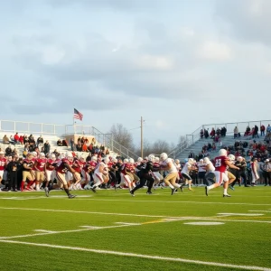 High school football game in Missouri with players in action.