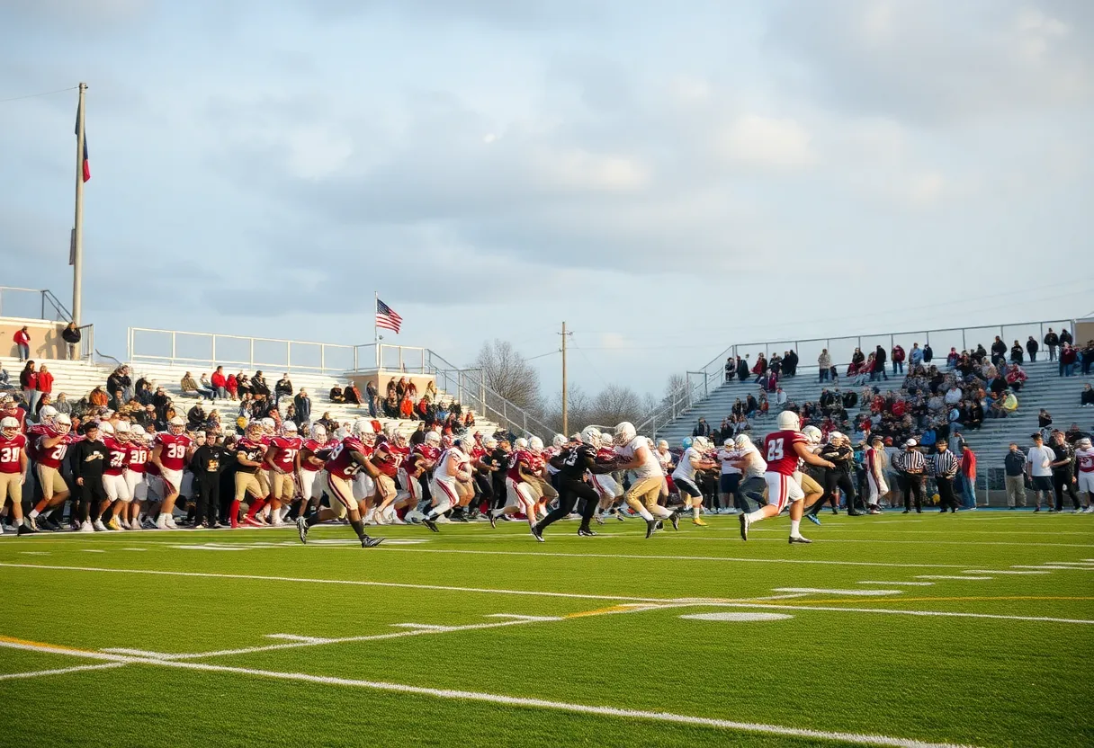 High school football game in Missouri with teams on the field