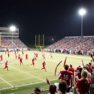 High school football game in Missouri with players competing.