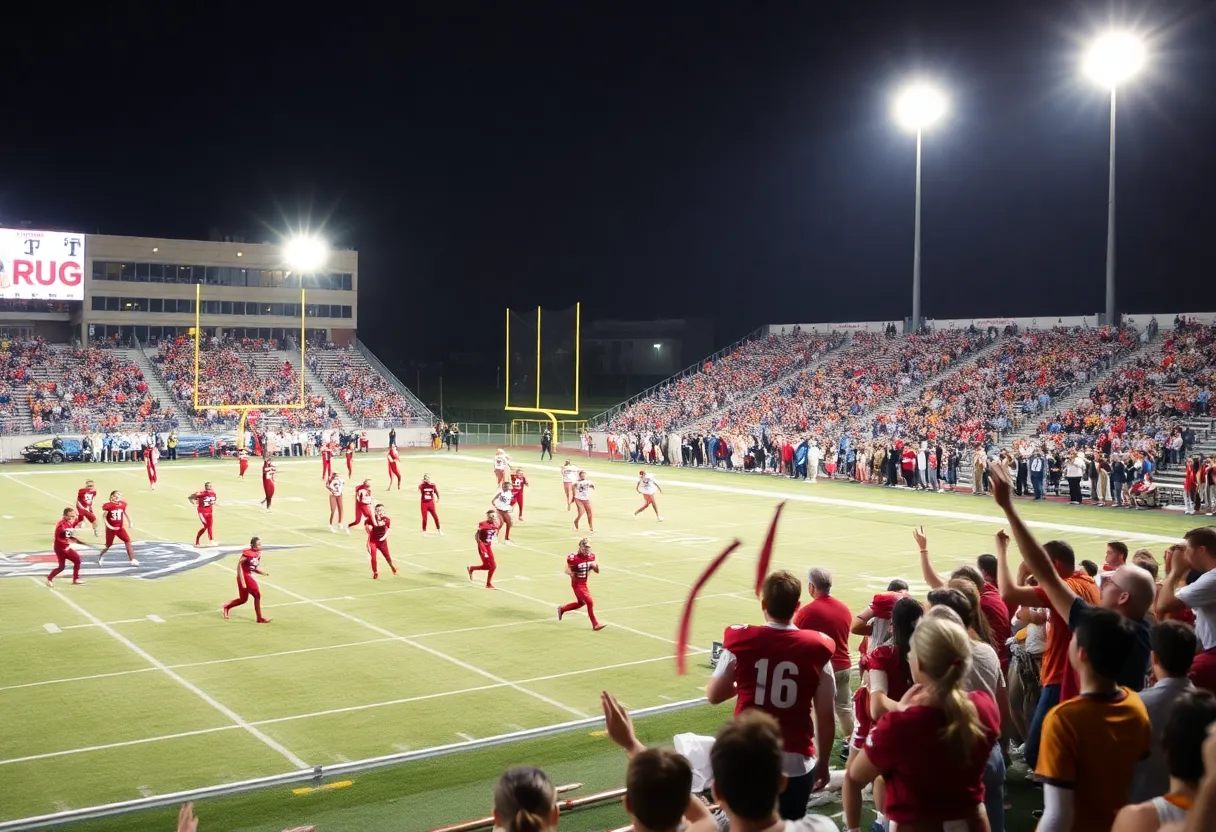 High school football game in Missouri with players competing.