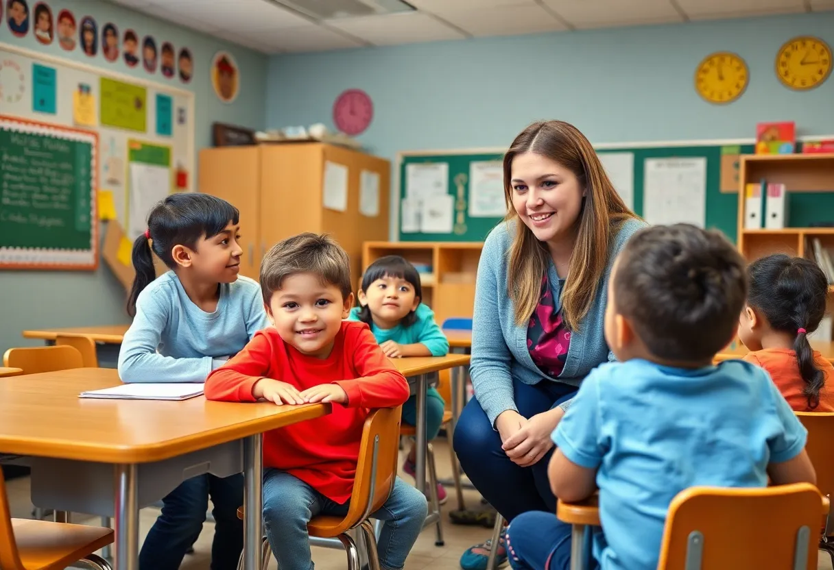 Classroom at Park Hill Middle School showing students and a teacher in a positive interaction.