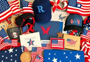 Collage of patriotic merchandise related to national tragedy