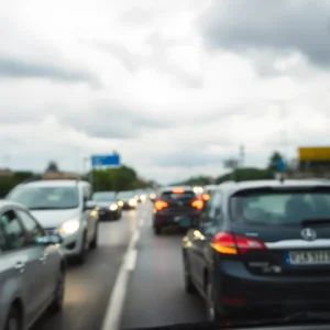 Abstract representation of a road rage scenario with blurred vehicles.