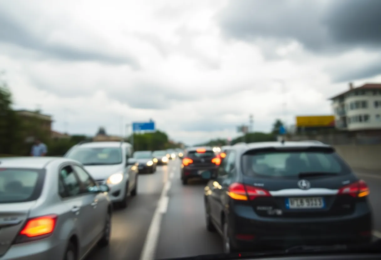 Abstract representation of a road rage scenario with blurred vehicles.