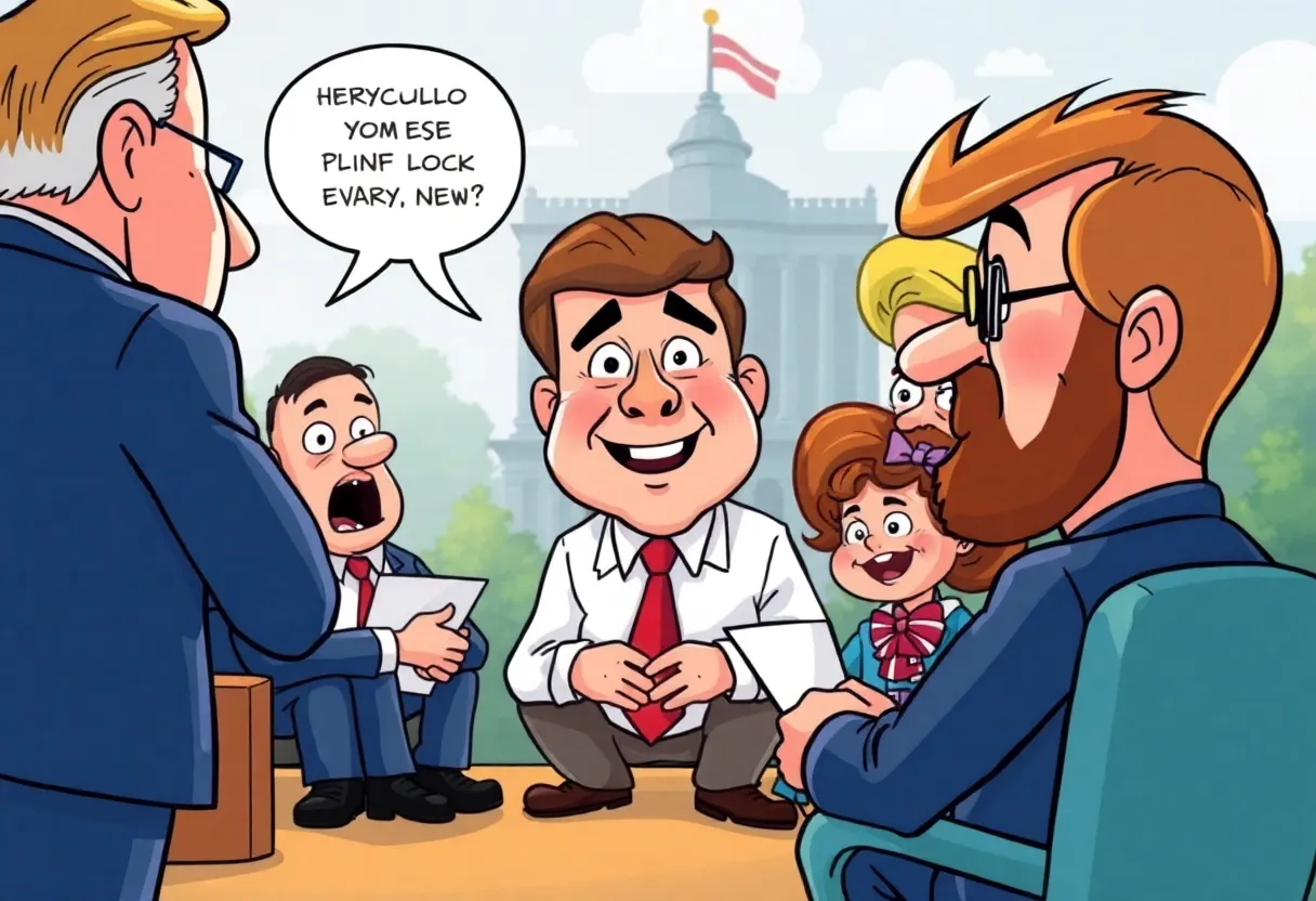 Animated characters humorously discussing political topics