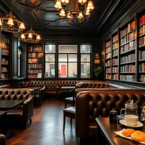 Cozy bar bookstore interior with books and seating