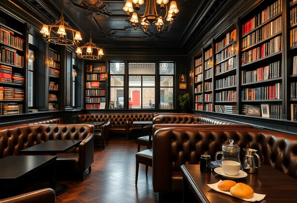Cozy bar bookstore interior with books and seating