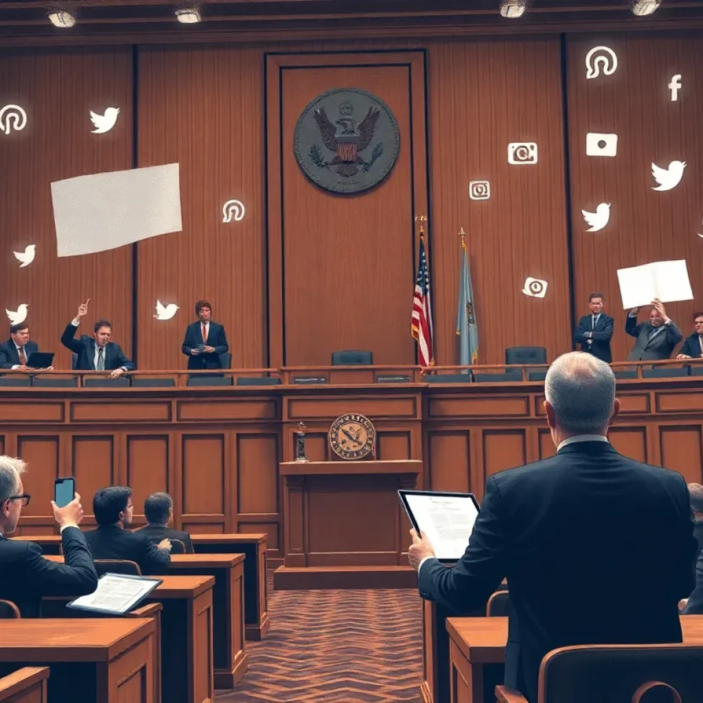 Courtroom scene related to free speech lawsuit