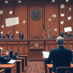 Courtroom scene related to free speech lawsuit