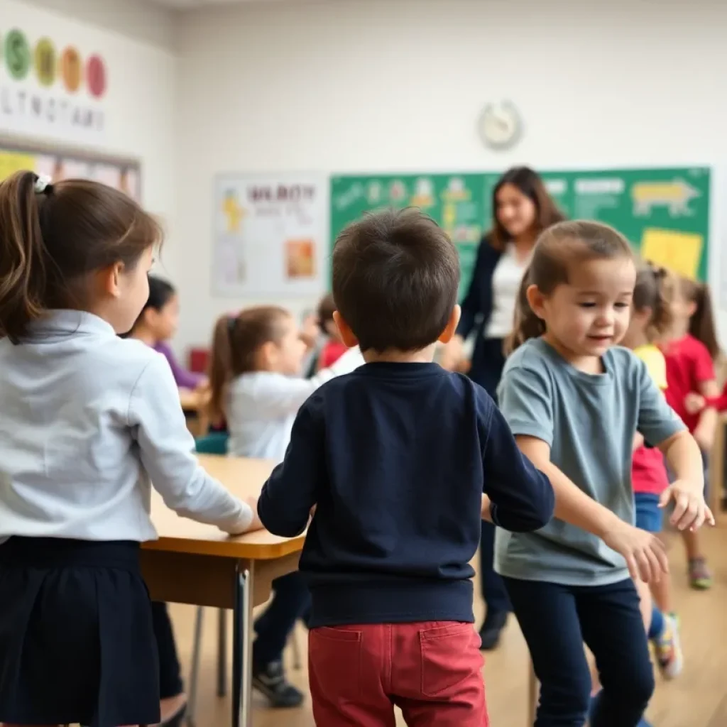 Students exercising in a physical education class led by a teacher.
