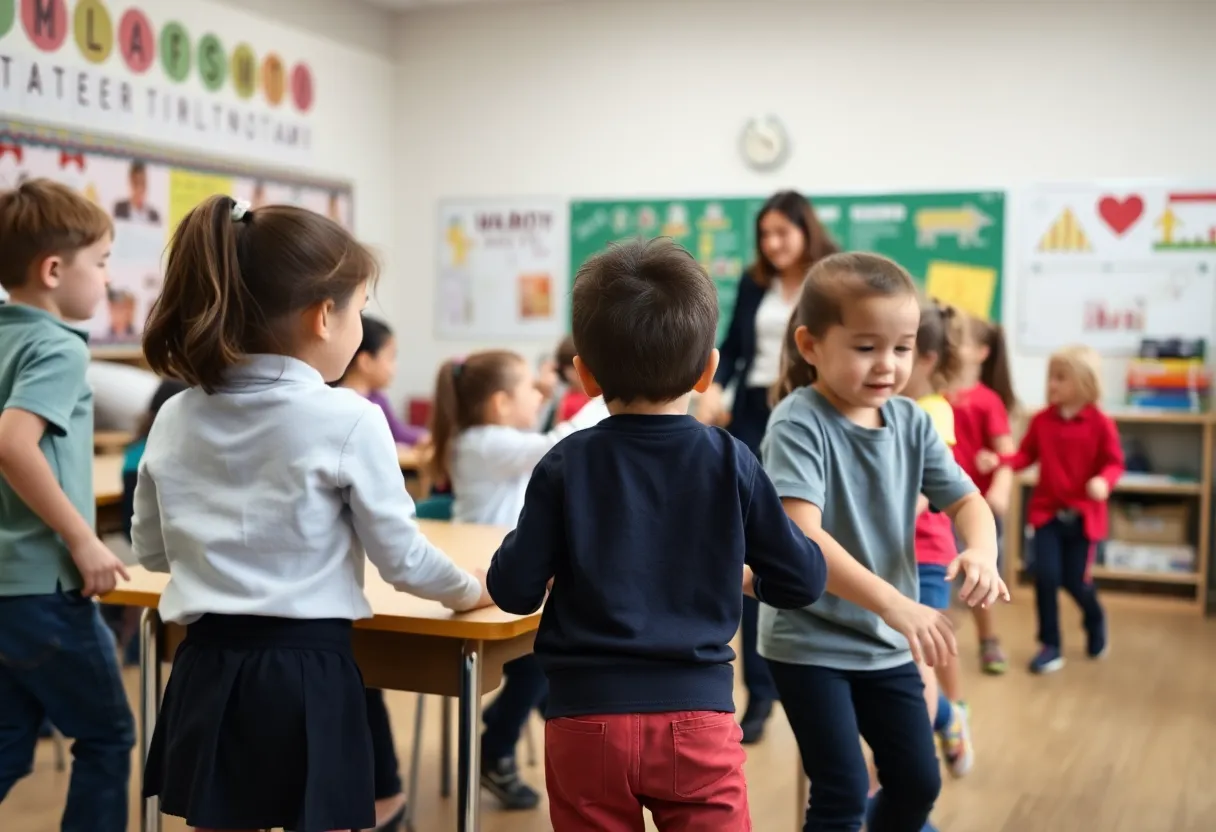 Students exercising in a physical education class led by a teacher.