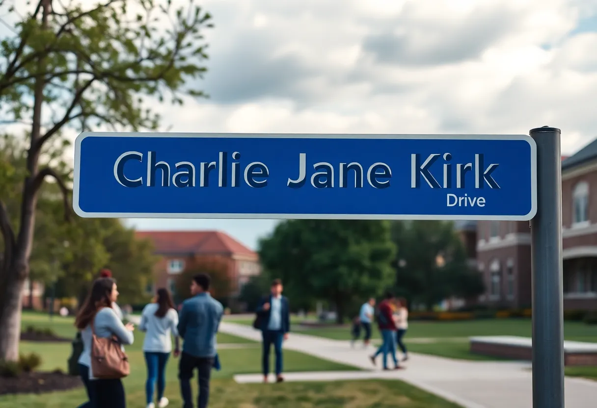 Mockup of a road sign for Charlie Kirk Drive on a university campus