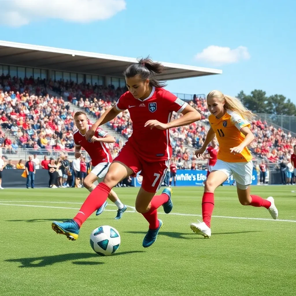Players competing in a college soccer match