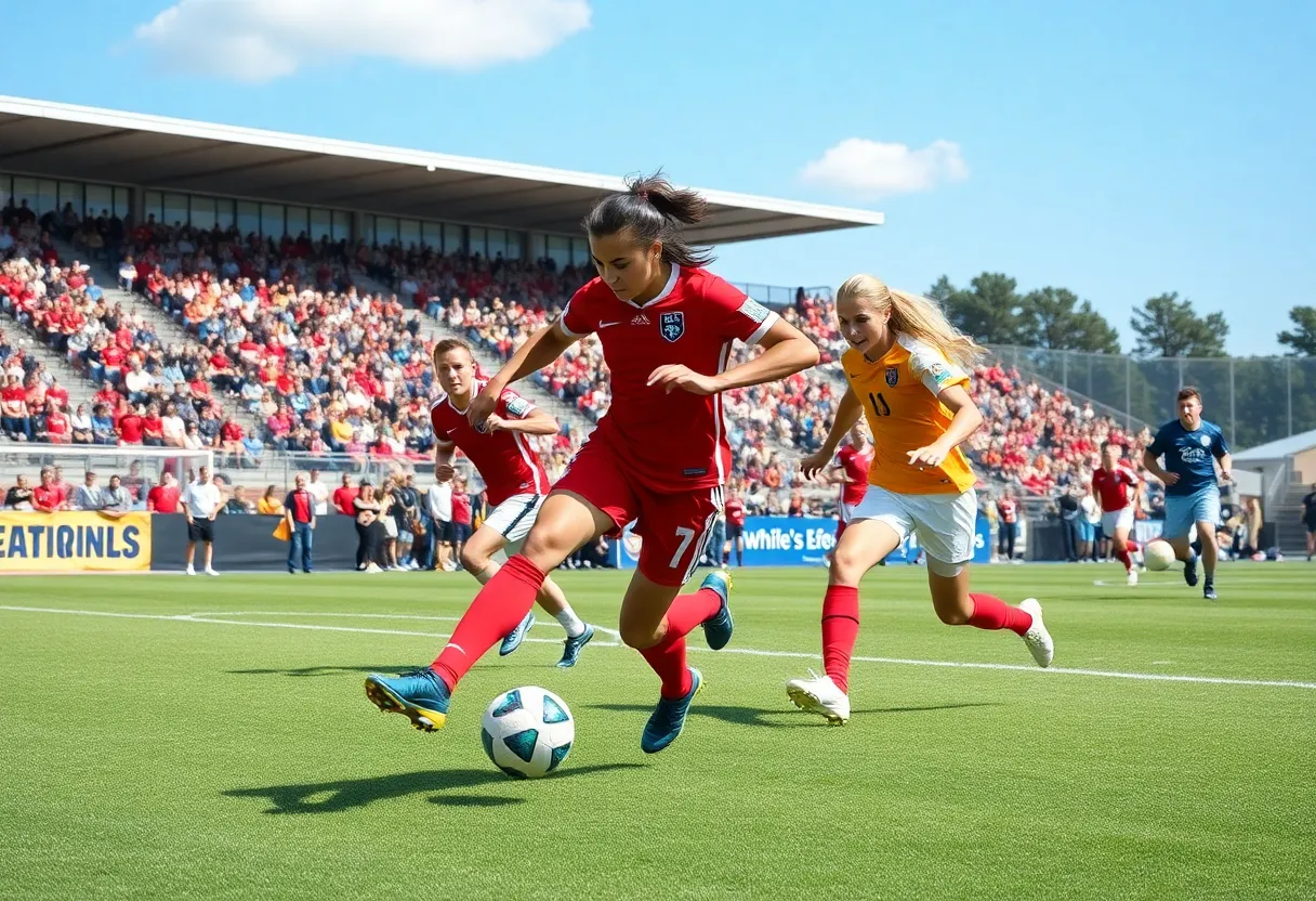 Players competing in a college soccer match
