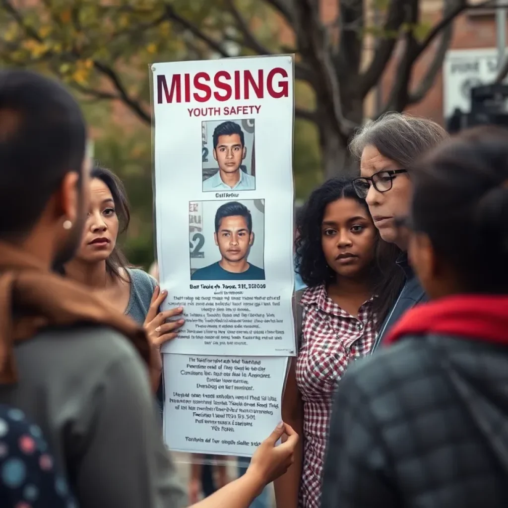Community members gathered near a missing persons poster concerning a teenager.