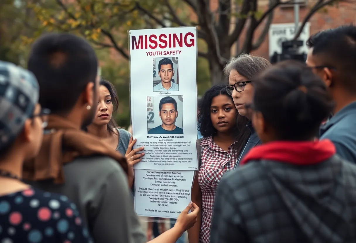 Community members gathered near a missing persons poster concerning a teenager.