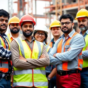 Diverse construction workers on the job site in Kansas City.