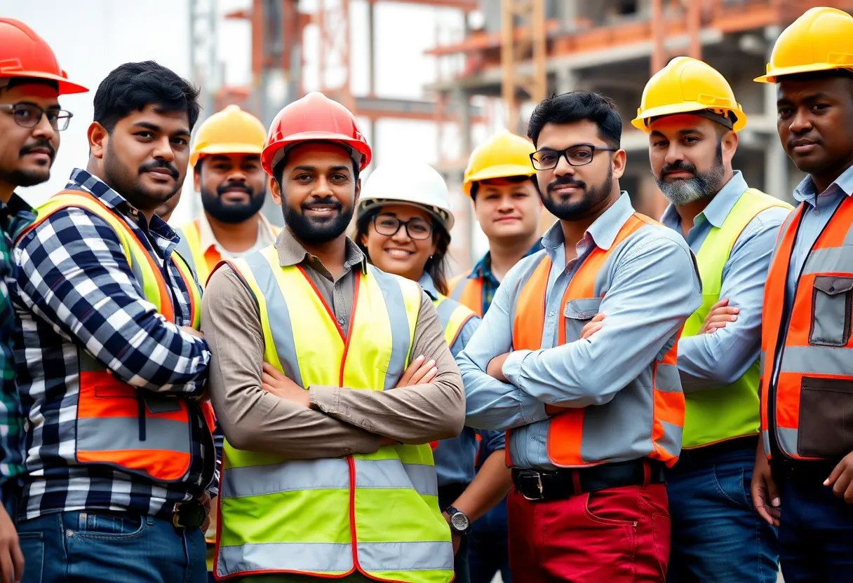 Diverse construction workers on the job site in Kansas City.