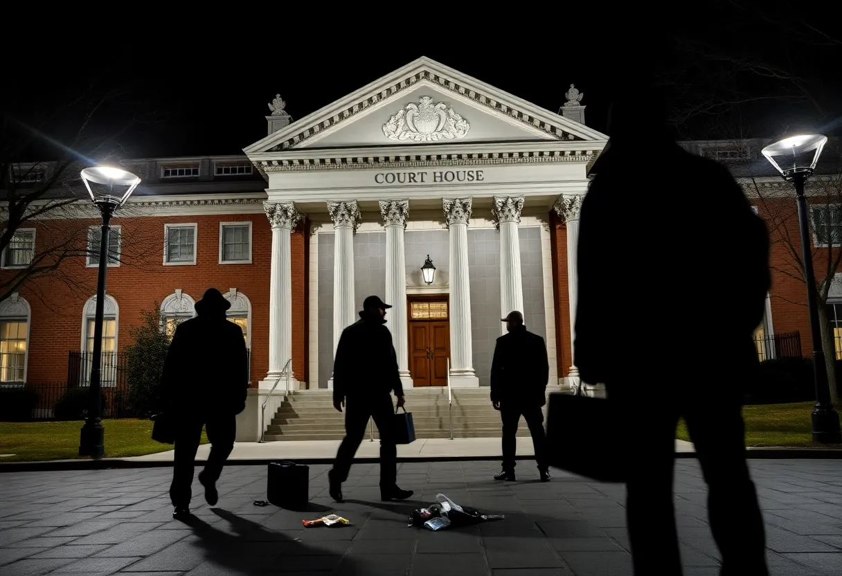 Nighttime court house with security concerns