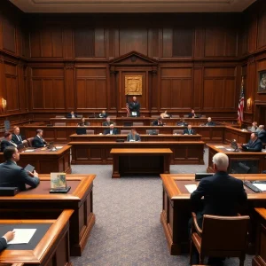 Courtroom scene related to a high-profile murder trial