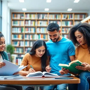 Group of diverse students studying in a library