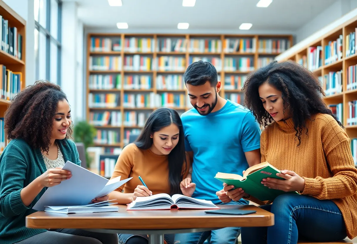 Group of diverse students studying in a library