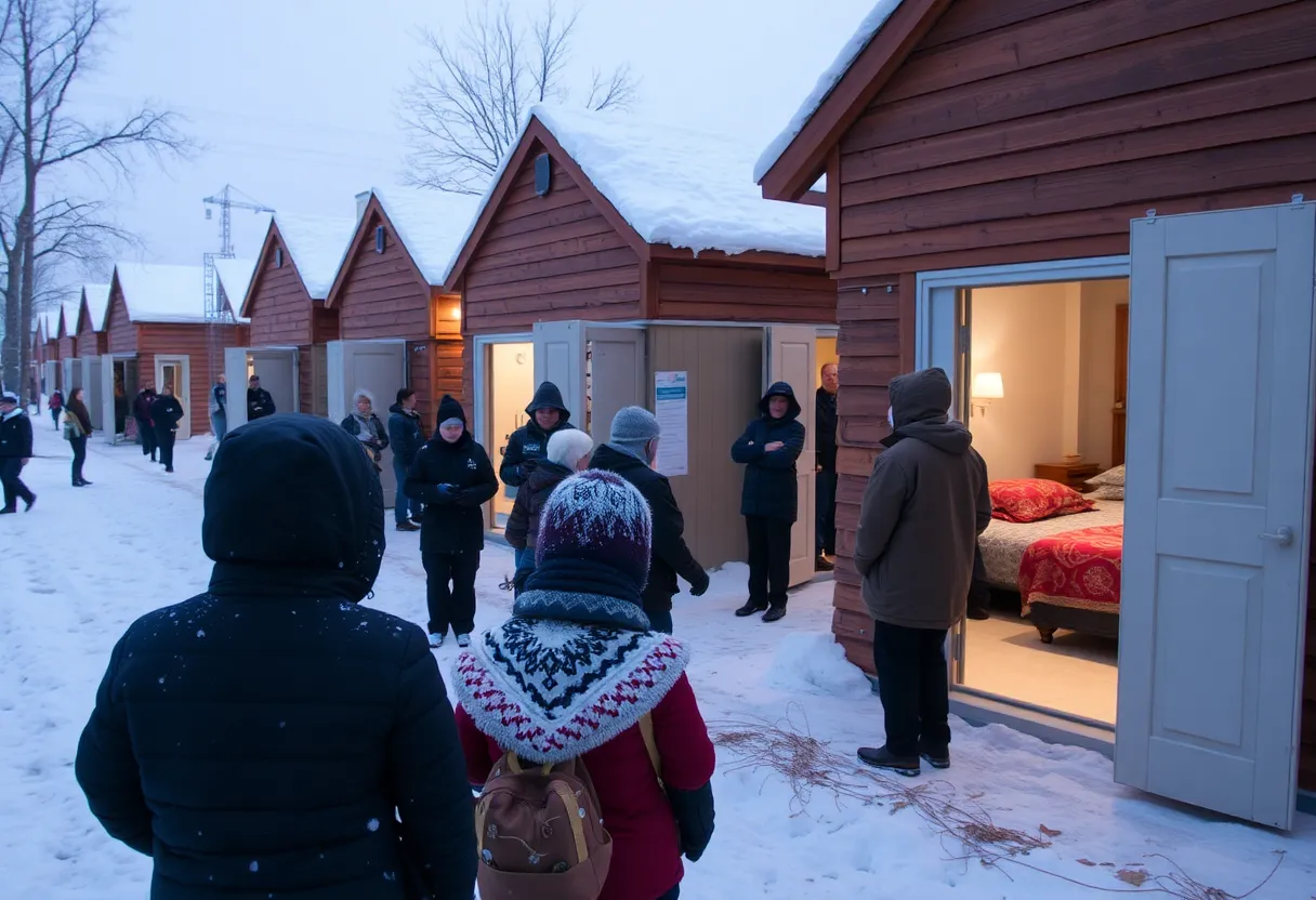 Scene showing emergency housing solutions in North Kansas City during winter.