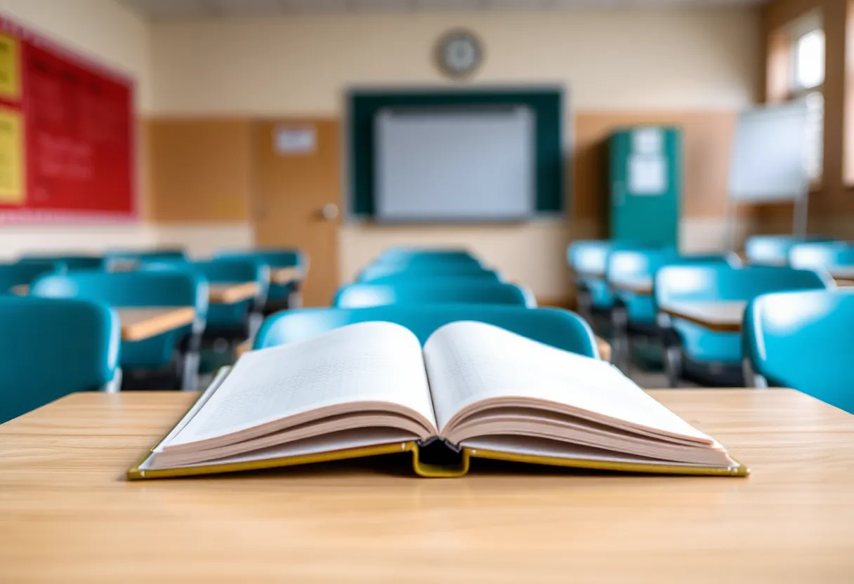 Empty classroom desk with open notebook