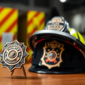 A firefighter badge and helmet resting on a desk