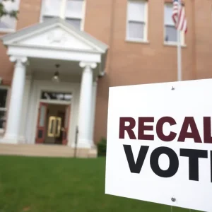 Local government building with a recall vote sign