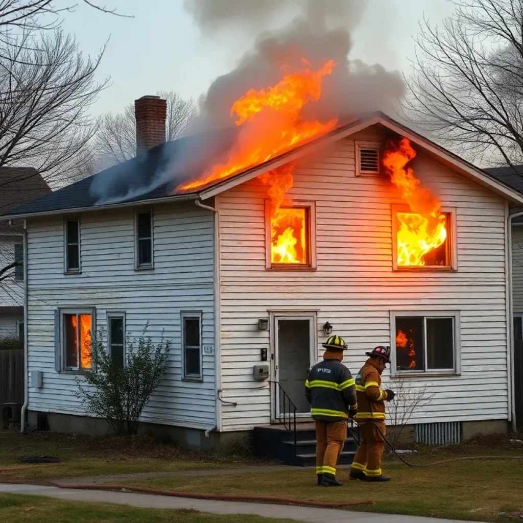 Firefighters responding to a house fire in a vacant property.