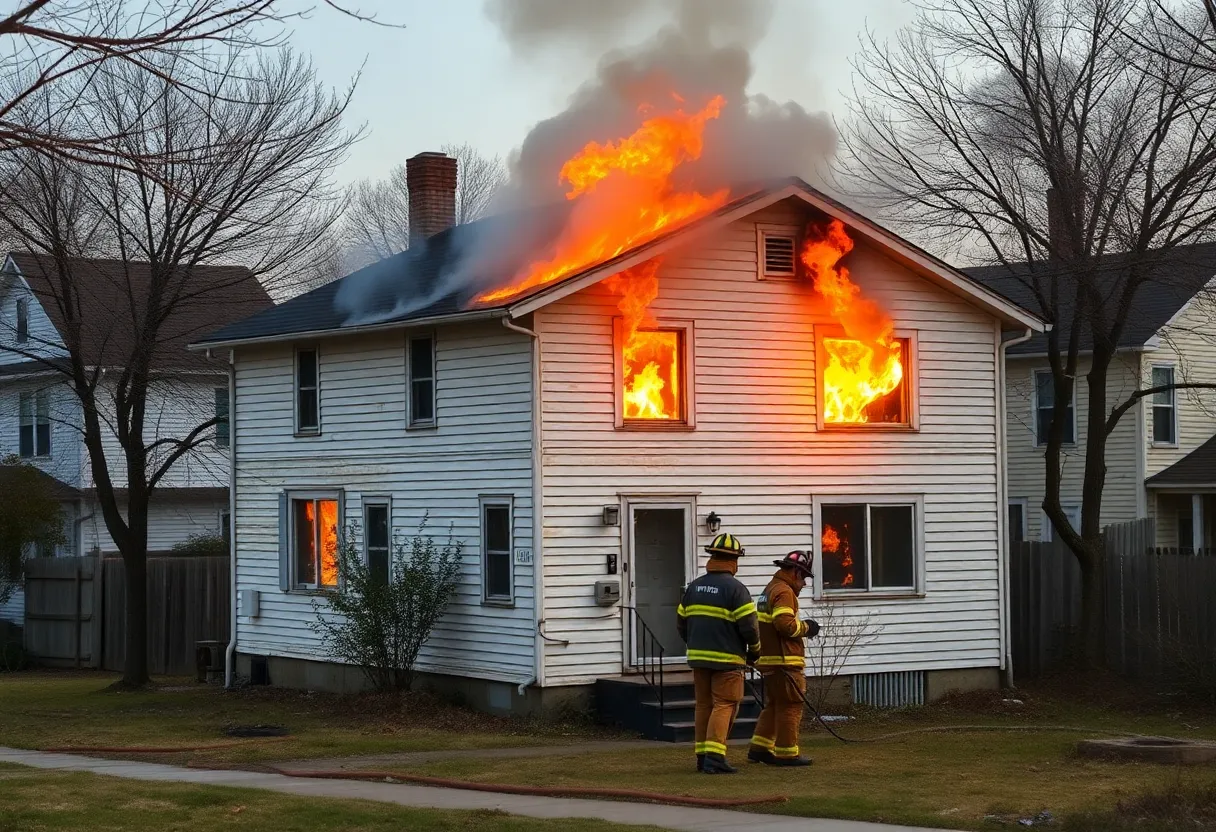Firefighters responding to a house fire in a vacant property.