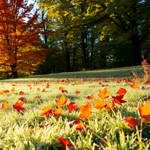 Autumn scene in Kansas City with frost-covered grass