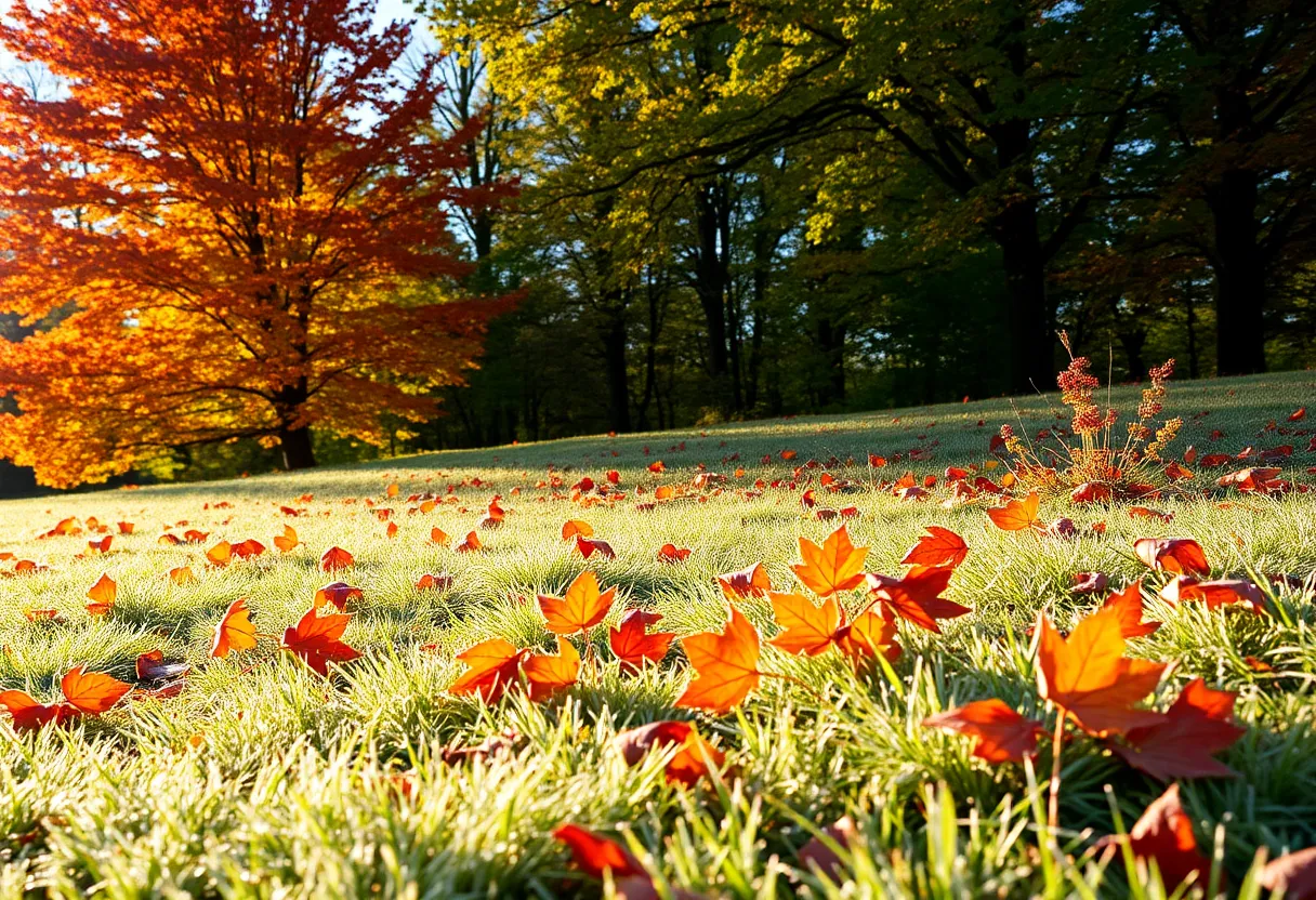 Autumn scene in Kansas City with frost-covered grass