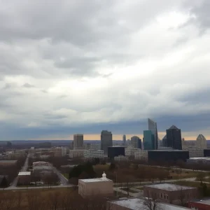 Cloudy skies over Kansas City indicating a cold front.