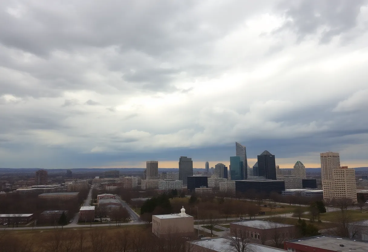 Cloudy skies over Kansas City indicating a cold front.