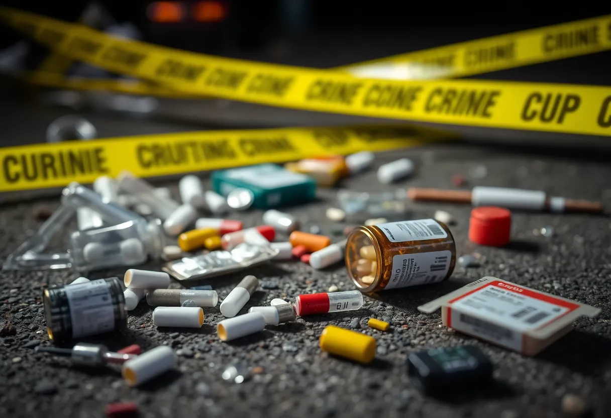 A scattered collection of drug paraphernalia at a crime scene