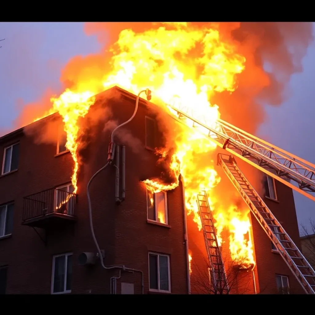 Firefighters battling flames at a vacant apartment building in Kansas City.