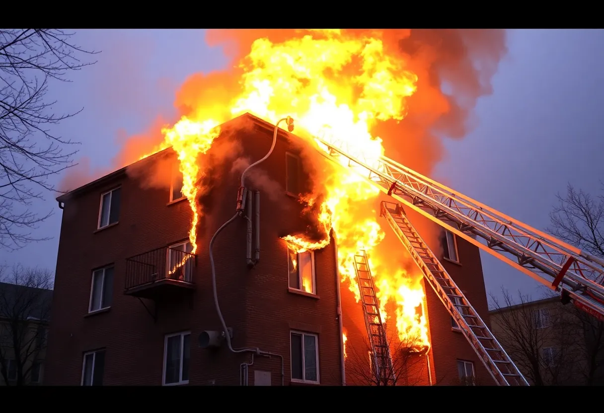 Firefighters battling flames at a vacant apartment building in Kansas City.