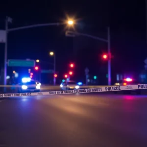 Police tape at a crime scene in Kansas City at night