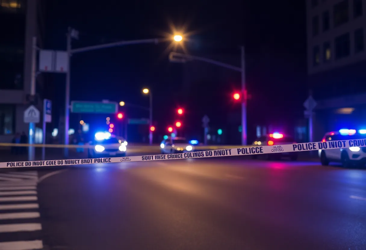Police tape at a crime scene in Kansas City at night