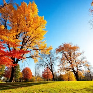 A sunny Kansas City park showcasing autumn colors and blue skies