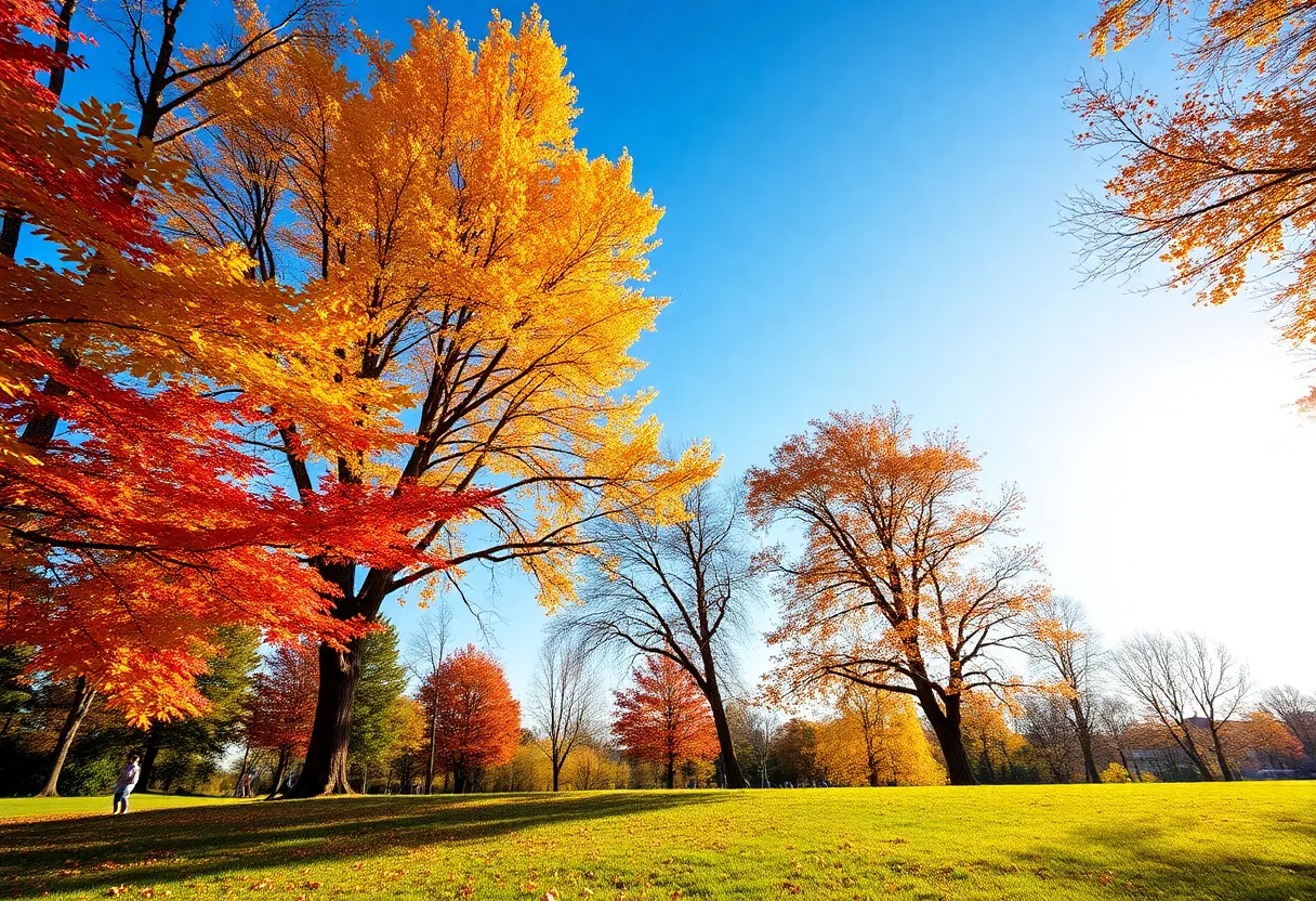 A sunny Kansas City park showcasing autumn colors and blue skies