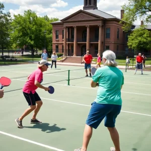 Community members playing pickleball at a historic site in Kansas City.