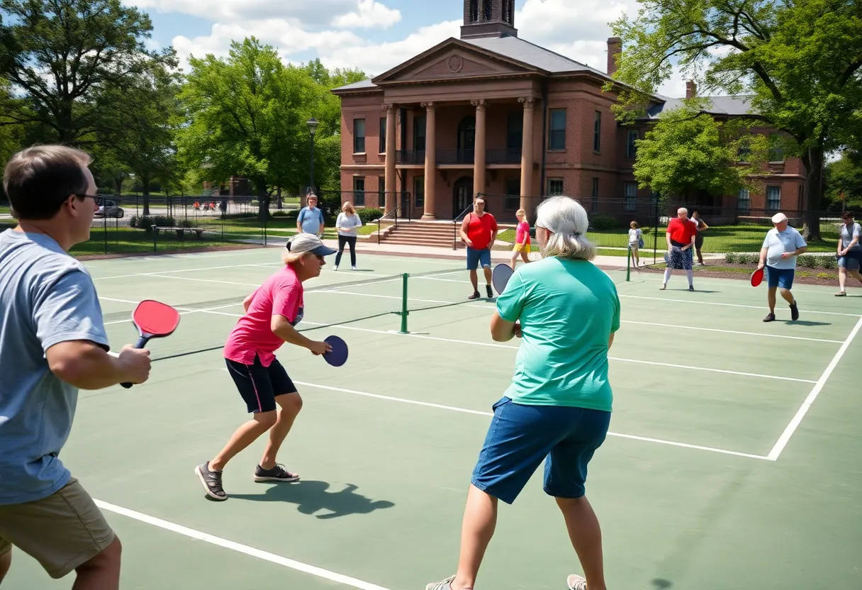 Community members playing pickleball at a historic site in Kansas City.