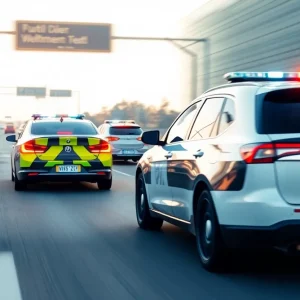 Police cars in pursuit on an interstate highway