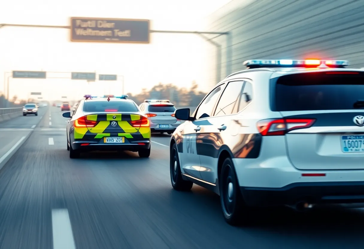 Police cars in pursuit on an interstate highway