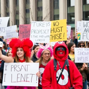 Protesters at Kansas City rally with signs and costumes
