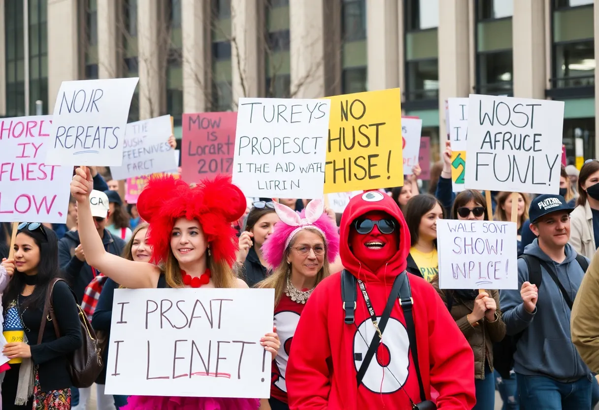 Protesters at Kansas City rally with signs and costumes
