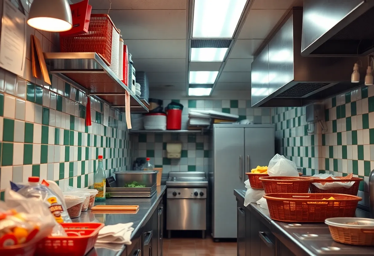 Interior of a restaurant kitchen displaying health code violations